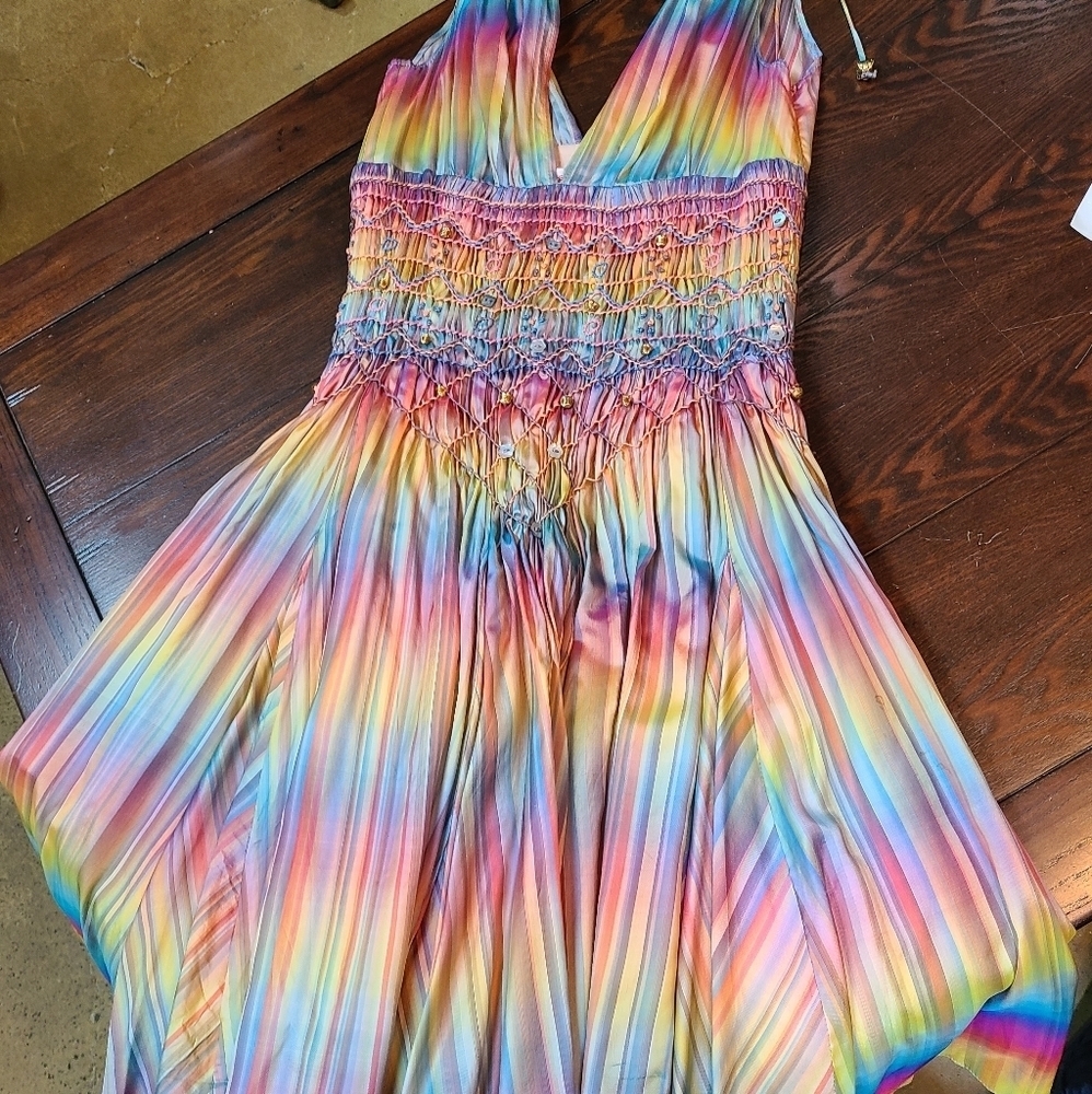 💥RUNWAY Matthew Williamson 100% Silk Colorful Beaded Embroidered Dress Size 6
